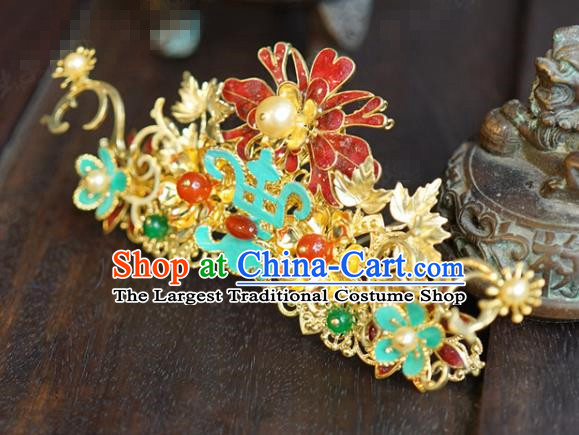 China Ancient Princess Enamel Red Hair Crown Traditional Xiuhe Suit Hair Jewelry Accessories Court Gems Hairpin