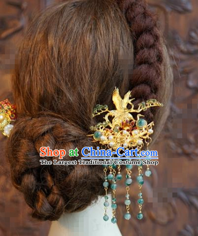 China Ancient Princess Golden Crane Pine Hair Clip Traditional Xiuhe Suit Hair Jewelry Accessories Court Green Beads Tassel Hairpin