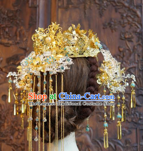 China Xiuhe Suit Headpieces Ancient Bride Golden Tassel Hairpins Traditional Wedding Phoenix Coronet Hair Accessories
