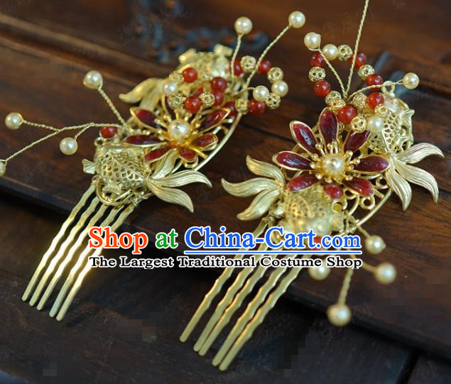 China Ancient Bride Golden Fish Hair Combs Traditional Xiuhe Suit Hair Jewelry Accessories Wedding Cloisonne Hairpins