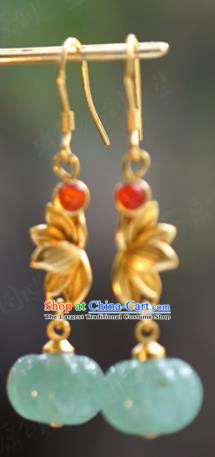Top Grade Jade Pumpkin Earrings Traditional Accessories China Ancient Court Empress Golden Lotus Ear Jewelry