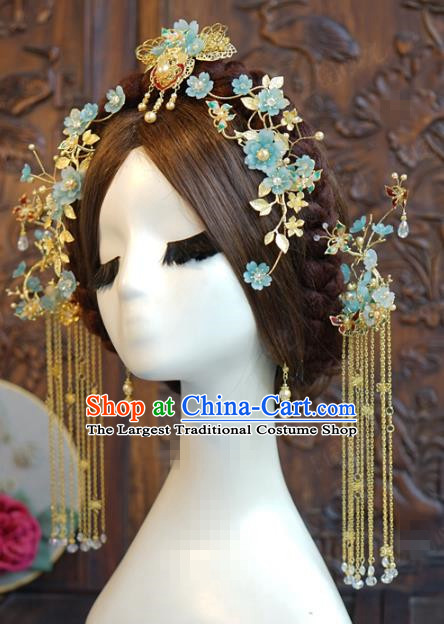 China Ancient Bride Blue Flowers Hair Sticks and Earrings Xiuhe Suit Headpieces Traditional Wedding Hair Accessories Hairpins Full Set