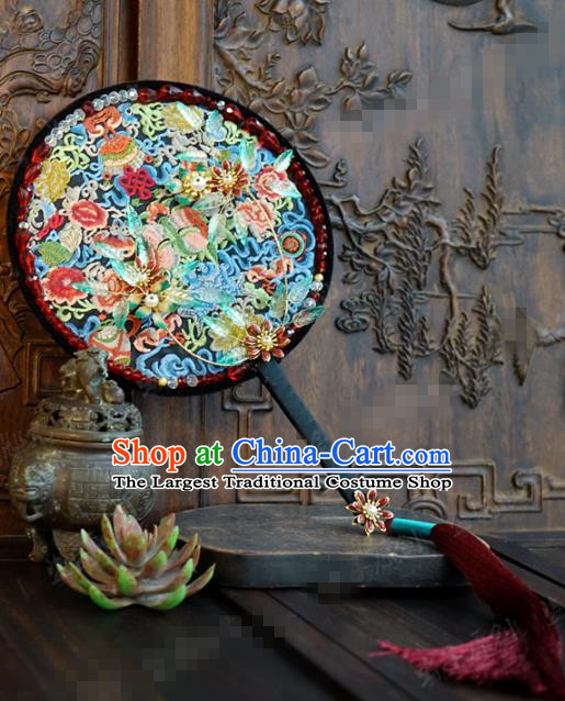 Chinese Handmade Court Wedding Palace Fan Traditional Jewelry Accessories Ancient Bride Embroidered Round Fan