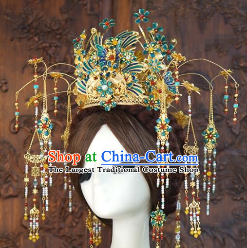 China Ancient Queen Blueing Phoenix Coronet Traditional Wedding Bride Hair Accessories Xiuhe Suit Headpieces Full Set