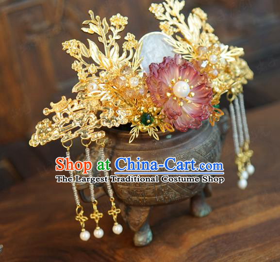 China Ancient Bride Shell Hair Crown Traditional Xiuhe Suit Hair Accessories Wedding Golden Hair Comb