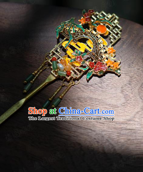 China Wedding Cloisonne Hairpins Traditional Xiuhe Suit Hair Accessories Ancient Bride Jade Tassel Hair Clip