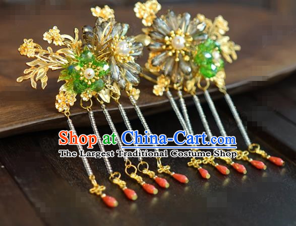 China Traditional Xiuhe Suit Hair Accessories Ancient Bride Green Bead Plum Hairpins Wedding Jewelry Adornment