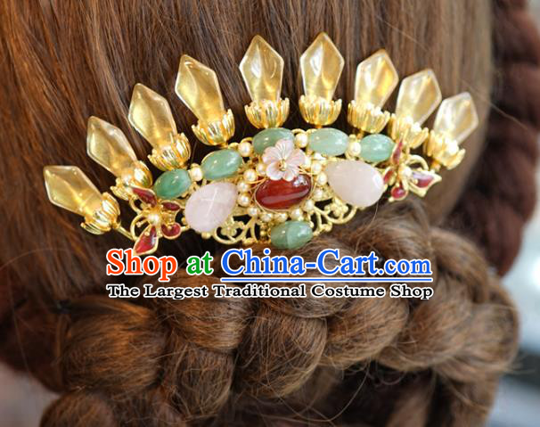 China Ancient Bride Agate Hairpin Traditional Xiuhe Suit Hair Accessories Wedding Jewelry Adornment Gems Hair Comb