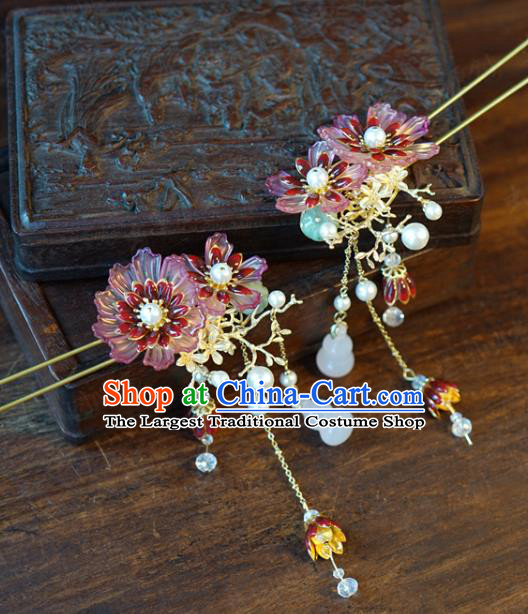 China Wedding Red Flowers Hairpin Traditional Xiuhe Suit Hair Jewelry Accessories Ancient Hanfu White Chalcedony Gourd Hair Stick