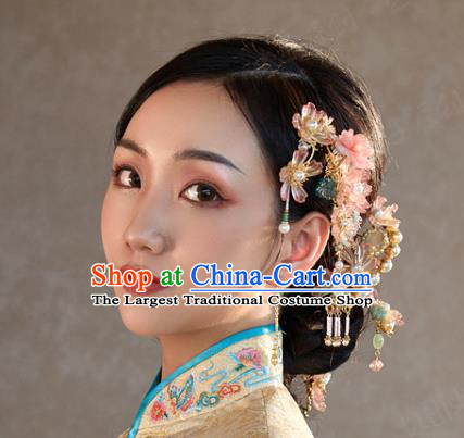 China Traditional Wedding Xiuhe Suit Pink Flower Hairpins Tassel Hair Sticks Ancient Bride Hair Accessories Complete Set