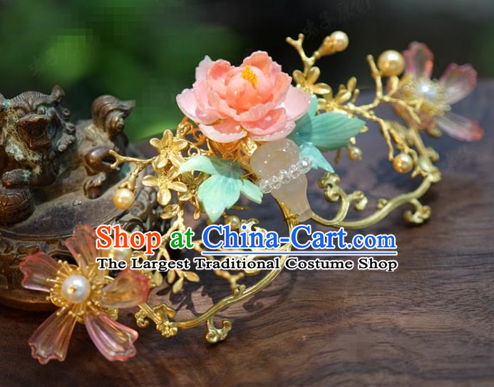 China Wedding White Chalcedony Gourd Hair Crown Traditional Xiuhe Suit Hair Jewelry Accessories Ancient Hanfu Flower Hairpin