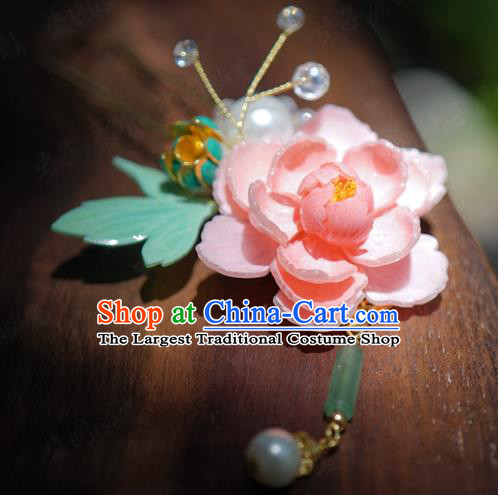 China Hanfu Pink Peony Hair Claw Ancient Wedding Hair Stick Traditional Xiuhe Suit Hair Jewelry Accessories
