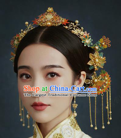 China Traditional Hair Accessories Wedding Xiuhe Suit Headdress Ancient Bride Cloisonne Hair Crown Tassel Hairpins Complete Set