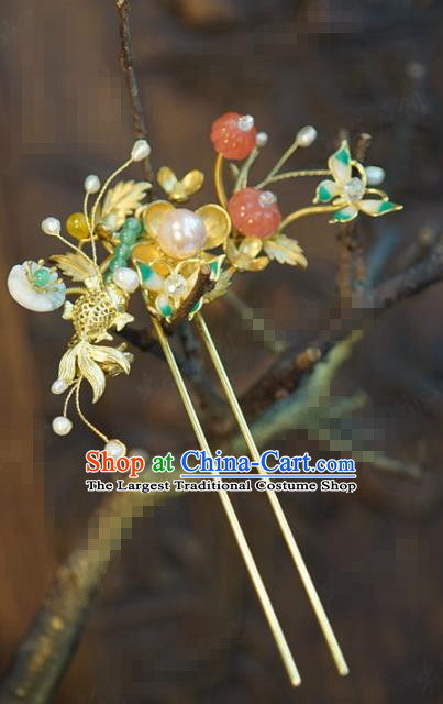 China Hanfu Jade Pumpkin Hair Stick Ancient Traditional Xiuhe Suit Hair Jewelry Accessories Goldfish Hairpin