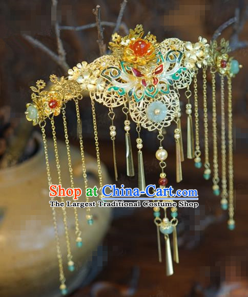 China Traditional Xiuhe Suit Hair Jewelry Accessories Ancient Hanfu Hairpin Cloisonne Lotus Hair Crown