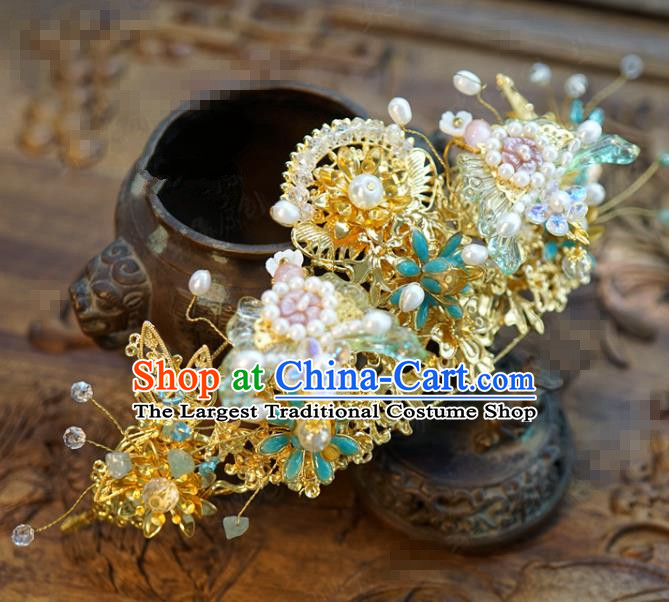 China Ancient Hanfu Hairpin Traditional Xiuhe Suit Hair Jewelry Accessories Golden Hair Crown