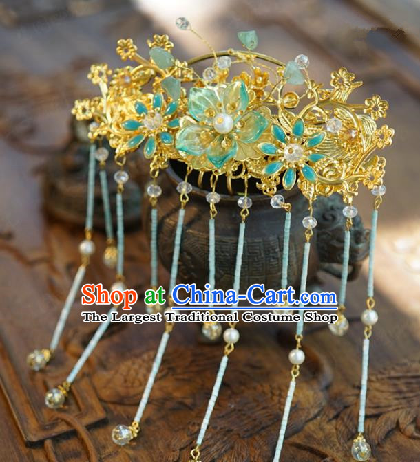 China Ancient Golden Tassel Step Shake Palace Hairpin Traditional Xiuhe Suit Hair Jewelry Accessories Back Hair Comb