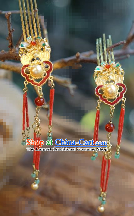 China Ancient Bride Hair Crown and Golden Tassel Hairpins Traditional Xiuhe Suit Headdress Wedding Hair Accessories