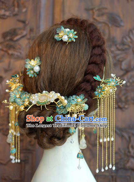 China Ancient Bride Hair Accessories Traditional Wedding Xiuhe Suit Flowers Hairpins Tassel Hair Sticks Complete Set