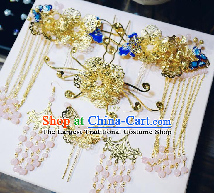 Chinese Traditional Bride Tassel Hair Sticks Ancient Wedding Hair Jewelry Accessories Hairpins Full Set