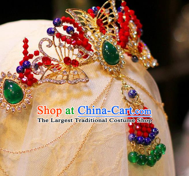 Chinese Traditional Bride Crystal Butterfly Hair Crown Ancient Wedding Hair Jewelry Accessories Tassel Hairpins Complete Set