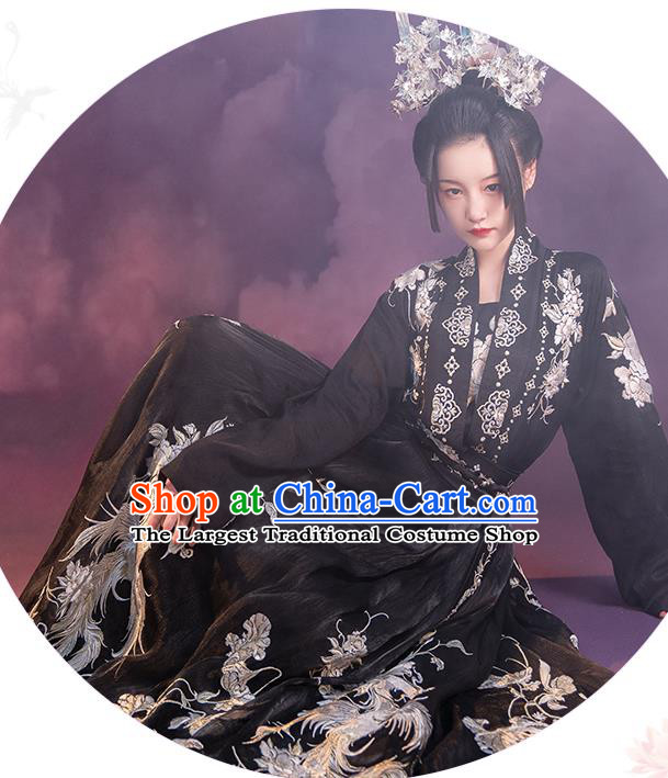 China Ancient Embroidered Black Hanfu Dress Royal Princess Costume Traditional Tang Dynasty Palace Lady Clothing