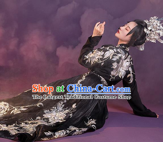 China Ancient Embroidered Black Hanfu Dress Royal Princess Costume Traditional Tang Dynasty Palace Lady Clothing