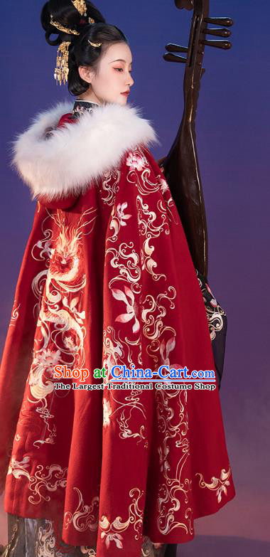 China Ancient Princess Embroidered Red Cloak Costume Traditional Jin Dynasty Court Beauty Clothing