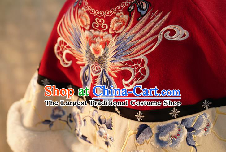 China Traditional Ming Dynasty Empress Embroidered Cloak Ancient Noble Woman Costume Winter Red Woolen Cape