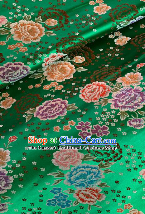 Chinese Classical Peony Plum Pattern Design Green Brocade Fabric Asian Traditional Satin Tang Suit Silk Material