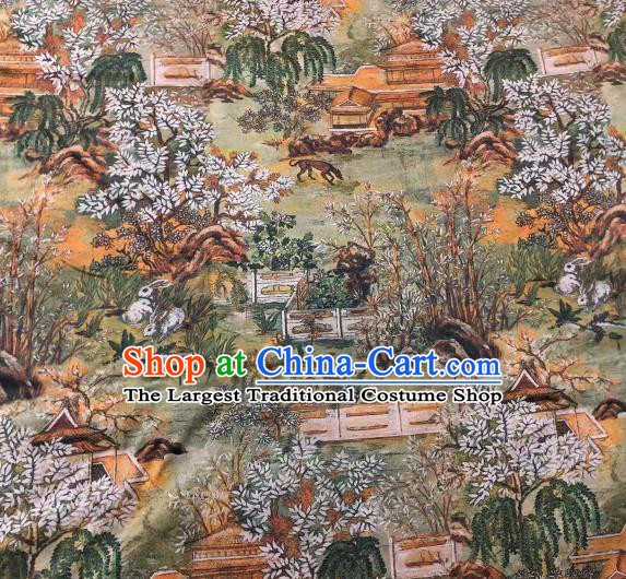 Chinese Classical Landscape Architecture Pattern Design Gambiered Guangdong Gauze Fabric Asian Traditional Cheongsam Silk Material