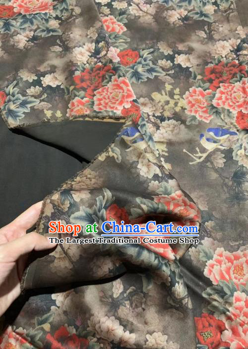 Chinese Classical Peony Pattern Design Grey Gambiered Guangdong Gauze Fabric Asian Traditional Cheongsam Silk Material