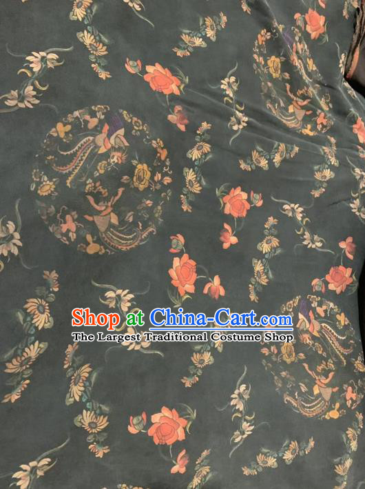Chinese Classical Phoenix Peony Chrysanthemum Pattern Design Black Gambiered Guangdong Gauze Fabric Asian Traditional Cheongsam Silk Material