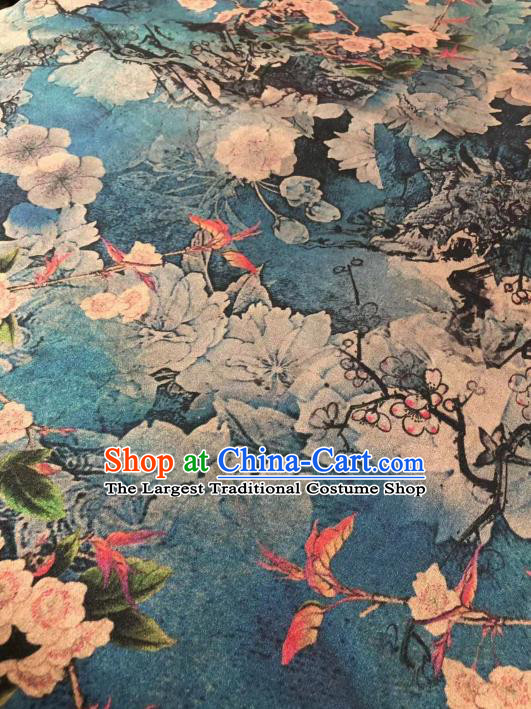 Chinese Classical Plum Pattern Design Blue Gambiered Guangdong Gauze Fabric Asian Traditional Cheongsam Silk Material