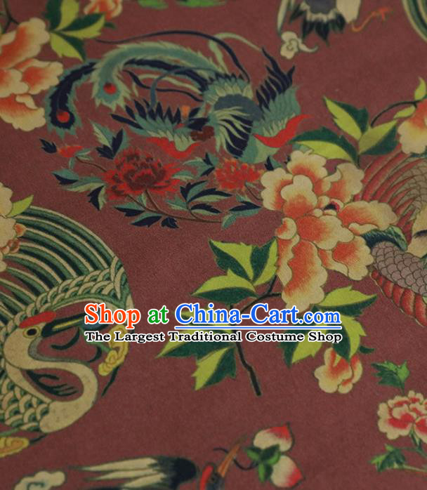 Chinese Classical Crane Peach Pattern Design Wine Red Gambiered Guangdong Gauze Fabric Asian Traditional Cheongsam Silk Material