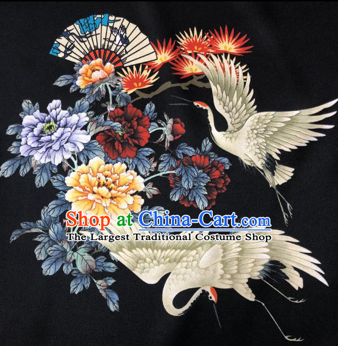 Chinese Classical Crane Peony Pattern Design Black Gambiered Guangdong Gauze Fabric Asian Traditional Cheongsam Silk Material