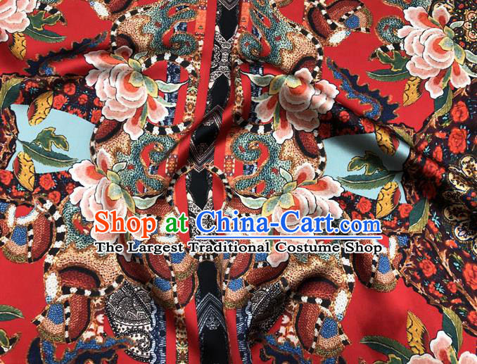 Chinese Classical Peony Pattern Design Red Gambiered Guangdong Gauze Fabric Asian Traditional Cheongsam Silk Material