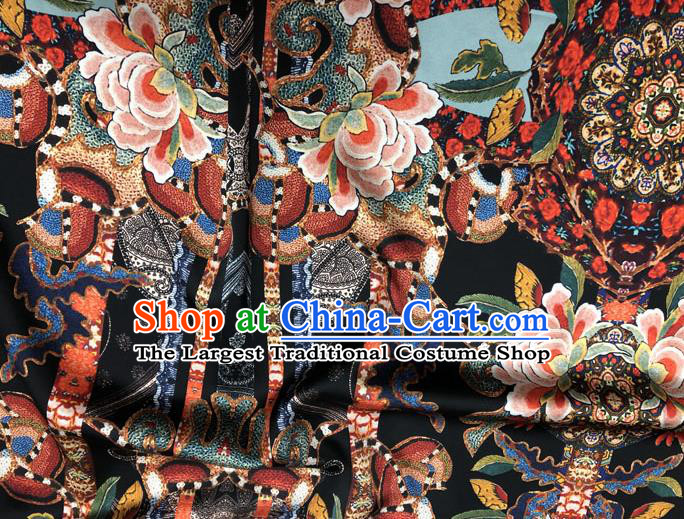 Chinese Classical Peony Pattern Design Black Gambiered Guangdong Gauze Fabric Asian Traditional Cheongsam Silk Material