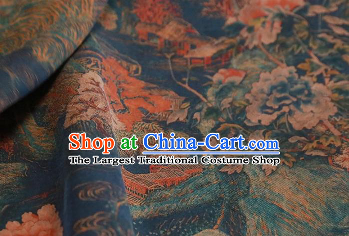 Chinese Classical Landscape Pattern Design Blue Gambiered Guangdong Gauze Fabric Asian Traditional Cheongsam Silk Material