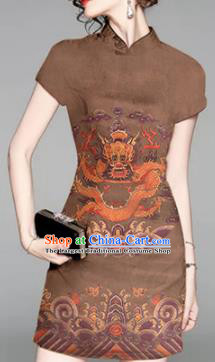 Chinese Classical Dragon Pattern Design Brown Mulberry Silk Fabric Asian Traditional Cheongsam Silk Material