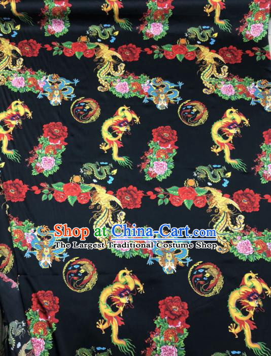 Chinese Classical Dragon Phoenix Peony Pattern Design Black Gambiered Guangdong Gauze Fabric Asian Traditional Cheongsam Silk Material