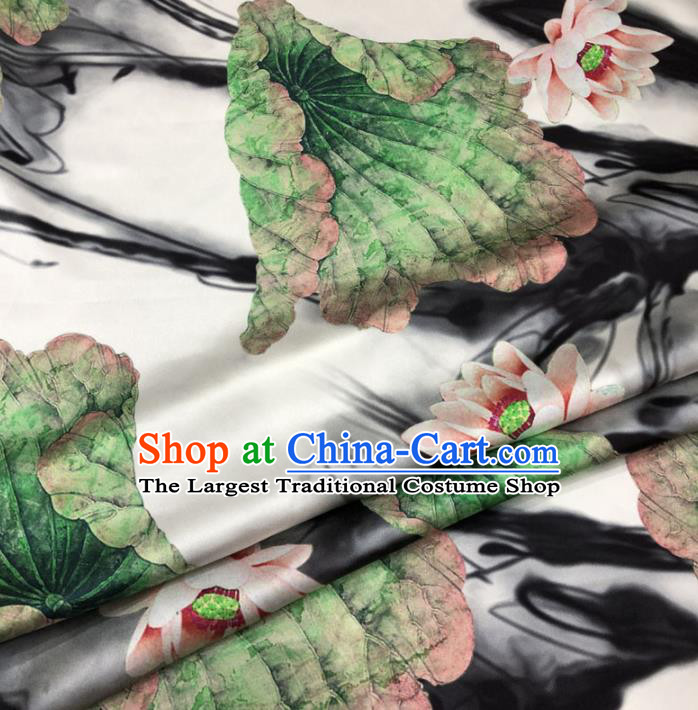 Chinese Classical Lotus Pattern Design White Gambiered Guangdong Gauze Fabric Asian Traditional Cheongsam Silk Material