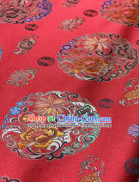 Chinese Classical Round Peony Pattern Design Red Brocade Fabric Asian Traditional Satin Tang Suit Silk Material