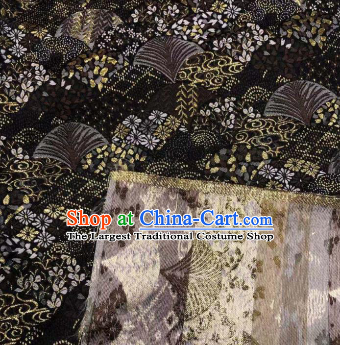 Chinese Classical Royal Cherry Fan Pattern Design Black Brocade Fabric Asian Traditional Satin Tang Suit Silk Material