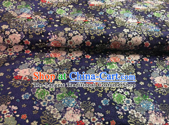 Japanese Classical Floral Flowers Pattern Design Navy Brocade Fabric Asian Traditional Satin Silk Material