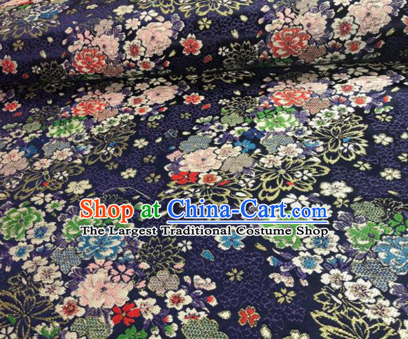Japanese Classical Floral Flowers Pattern Design Navy Brocade Fabric Asian Traditional Satin Silk Material