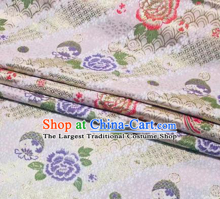 Japanese Classical Peony Pattern Design White Brocade Fabric Asian Traditional Satin Silk Material