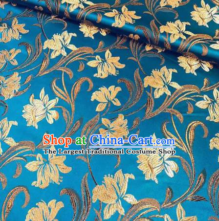 Chinese Classical Timbo Flowers Pattern Design Blue Brocade Fabric Asian Traditional Satin Silk Material