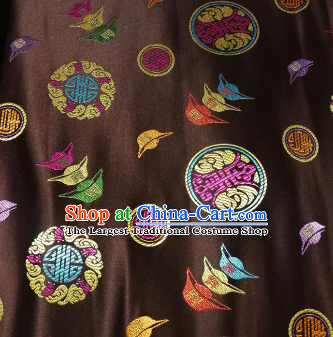 Chinese Royal Ingot Pattern Design Brown Brocade Fabric Asian Traditional Satin Silk Material