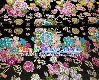 Chinese Royal Daisy Peony Pattern Design Black Brocade Fabric Asian Traditional Satin Silk Material